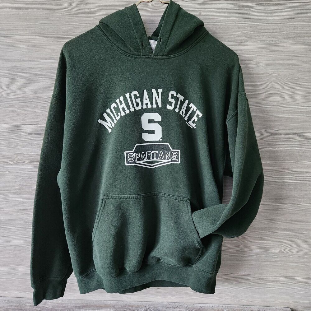 Gildan Vtg Michigan State Spartans Sweatshirt Men L Heavy Hoodie Green Spell Out